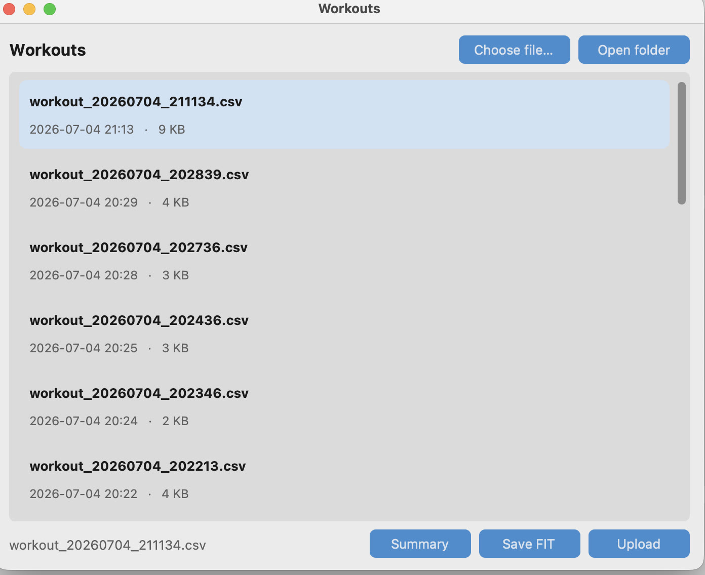 KayakFit Workouts window listing saved sessions by filename with date and size, plus Choose file, Open folder, Summary, Save FIT and Upload actions