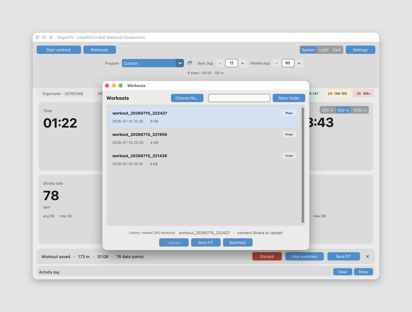 KayakFit Workouts window listing planned and free sessions with date and size, plus Open folder, Summary, Save FIT and Upload actions